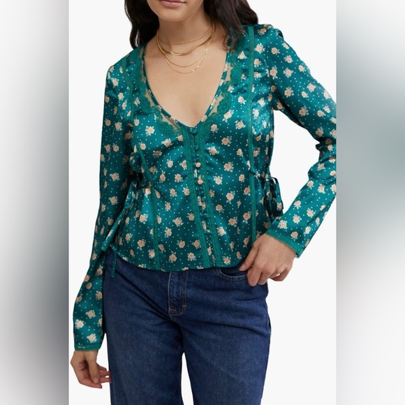 Free People Tops - Free People Field of Roses, Satin & Lace Top Blouse NWT Green Combo M